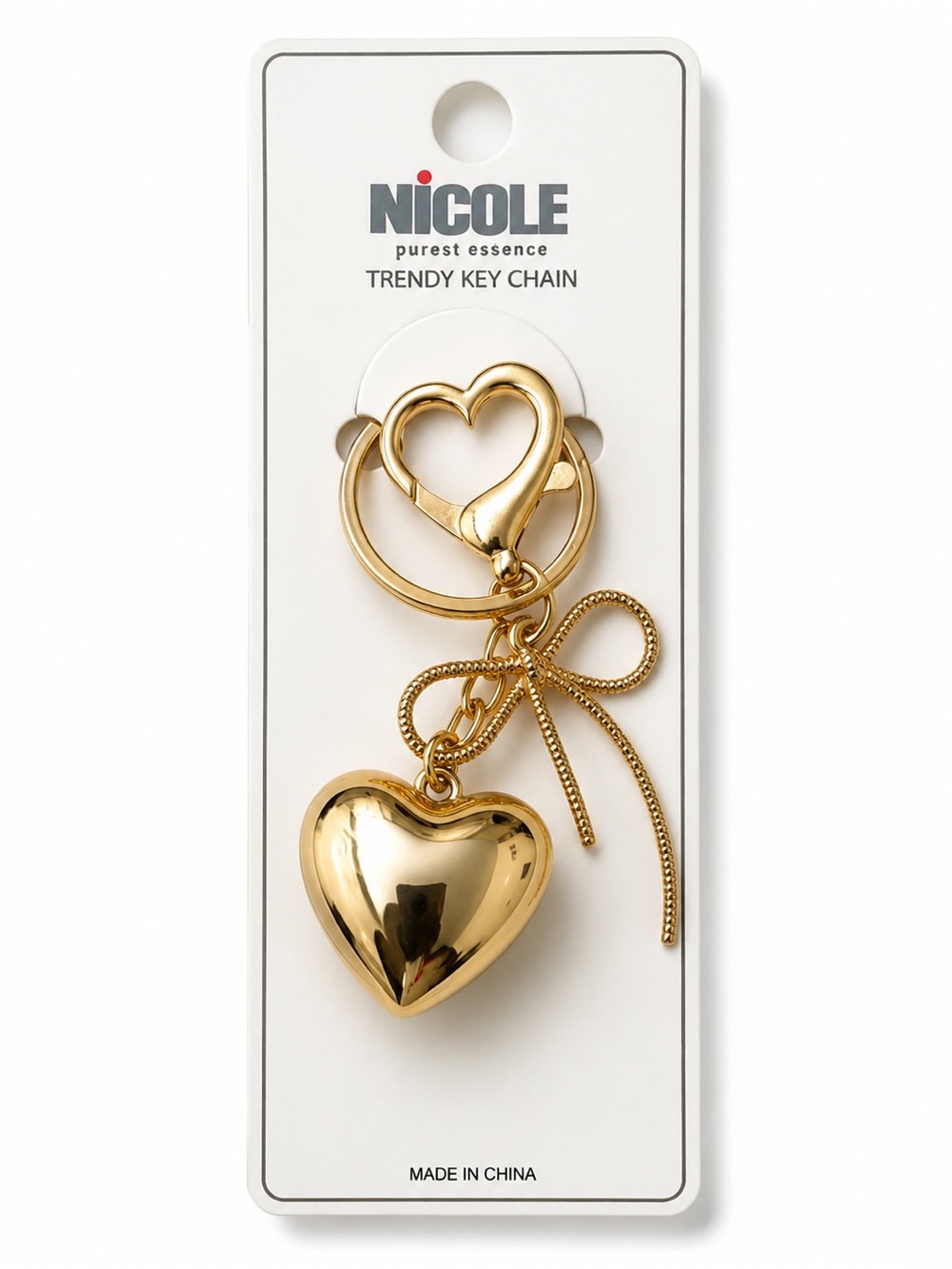 NICOLE Gold Heart Keychain Bag Charm Bow Accent NWT